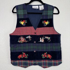 Vintage Casey & Max Christmas Vest Medium Snowman Plaid Blue velvet‎ Embroidered